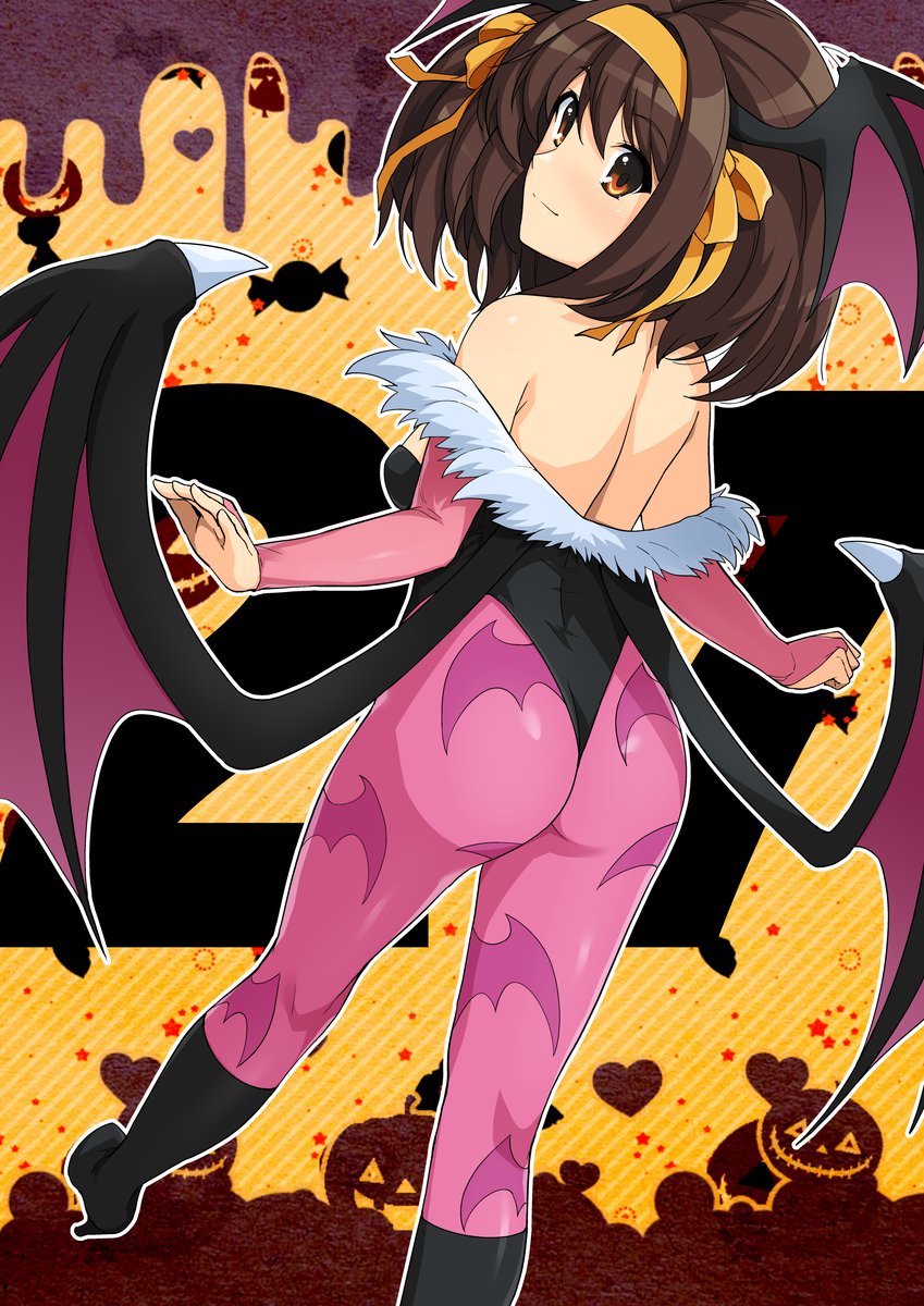 suzumiya haruhi and morrigan aensland (suzumiya haruhi no yuuutsu and 1 more) drawn by haruhisky