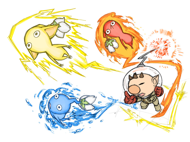 red pikmin, olimar, yellow pikmin, and blue pikmin (pikmin) drawn by naru_(wish_field)