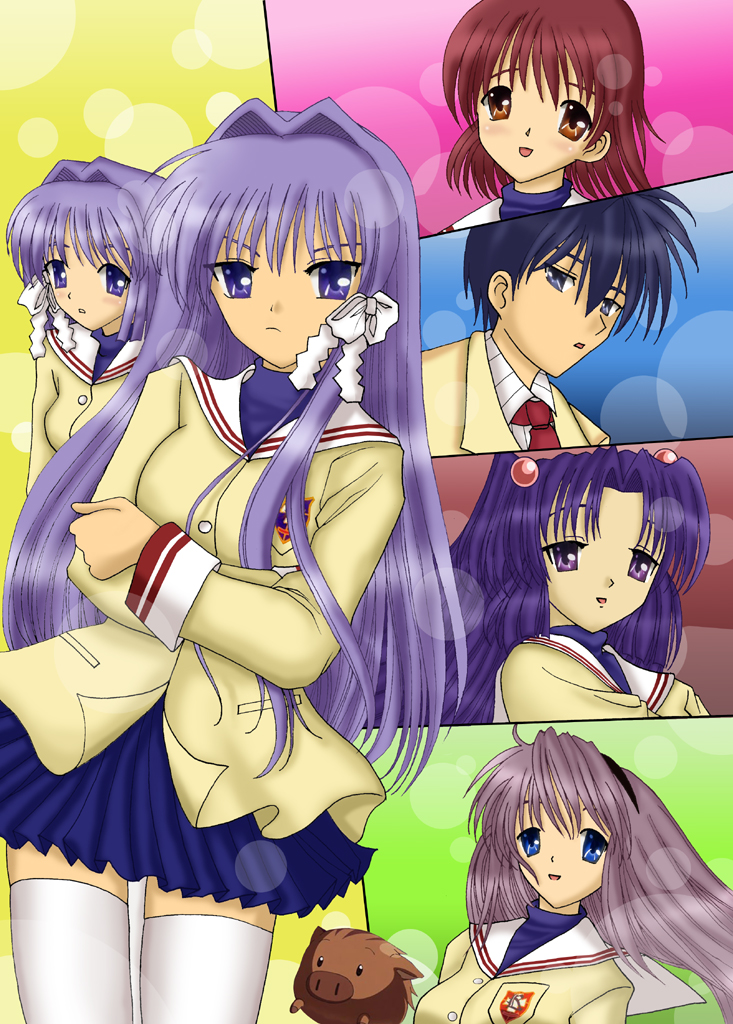 furukawa nagisa, fujibayashi kyou, sakagami tomoyo, okazaki tomoya, ichinose kotomi, and 2 more (clannad) drawn by seraphina