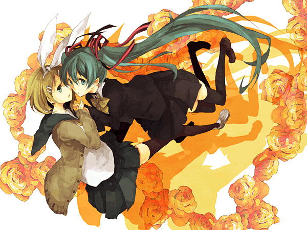 hatsune miku and kagamine rin (vocaloid) drawn by sabutarou
