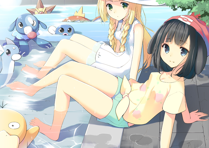lillie, selene, popplio, psyduck, magikarp, and 3 more (pokemon and 1 more) drawn by murano101