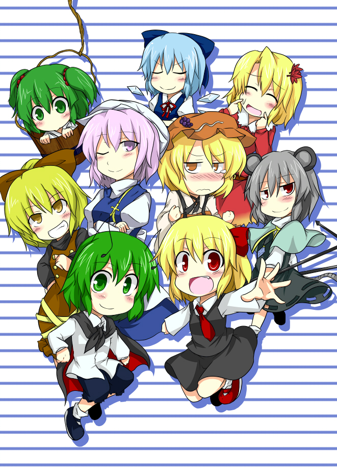 cirno, rumia, nazrin, wriggle nightbug, kurodani yamame, and 4 more (touhou) drawn by d-so
