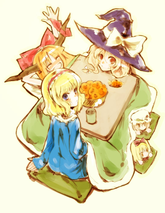 kirisame marisa, alice margatroid, ibuki suika, shanghai doll, and hourai doll (touhou) drawn by nokishita