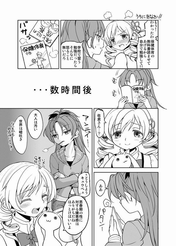 sakura kyoko, tomoe mami, and kyubey (mahou shoujo madoka magica) drawn by ayanero_taicho