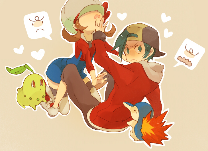 ethan, lyra, cyndaquil, and chikorita (pokemon and 1 more) drawn by hagiko