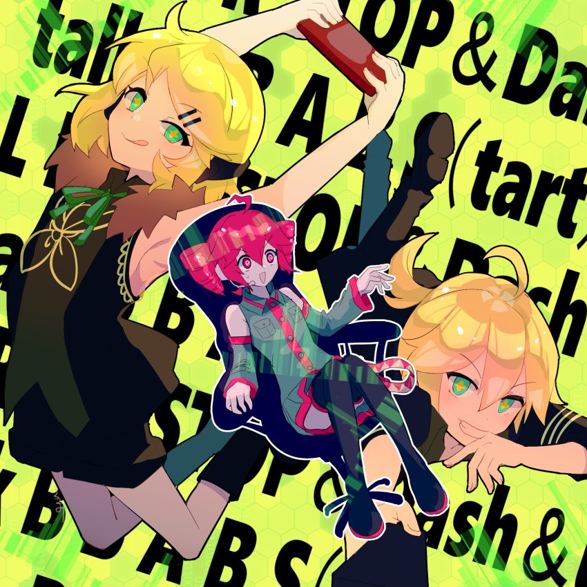 kagamine rin, kagamine len, and kasane teto (vocaloid and 2 more) drawn by torino_sasami