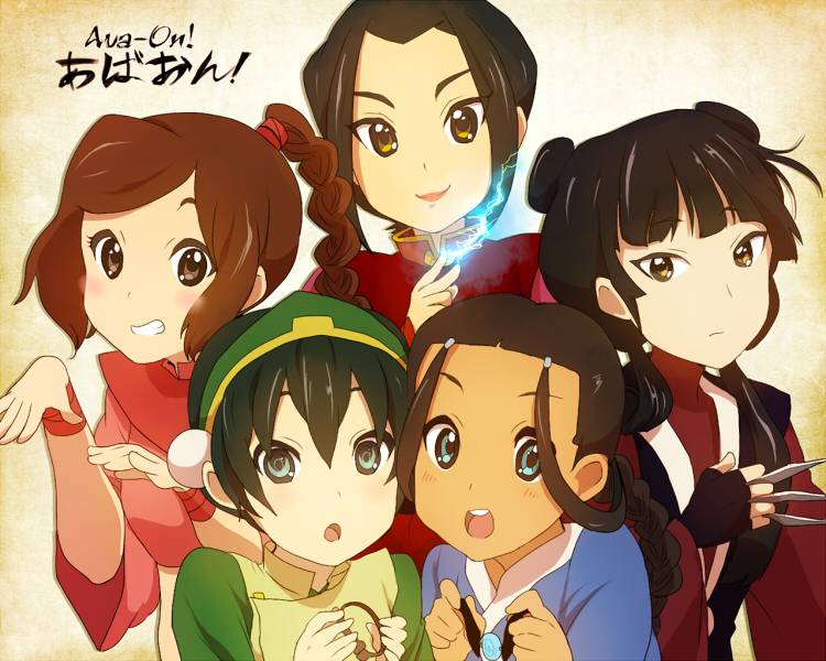 toph beifong, azula, katara, ty lee, and mai (k-on! and 2 more) drawn by t_k_g