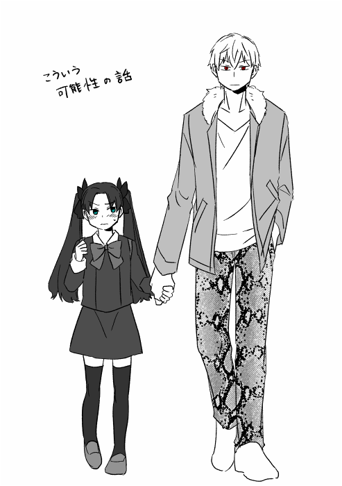 tohsaka rin and gilgamesh (fate and 1 more) drawn by moonlight_0423