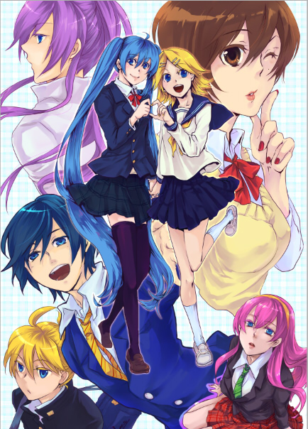 hatsune miku, kagamine rin, kagamine len, megurine luka, kaito, and 2 more (vocaloid) drawn by akaya_(rednight_dd)