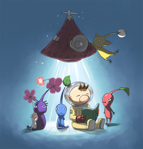 red pikmin, olimar, yellow pikmin, blue pikmin, purple pikmin, and 2 more (pikmin) drawn by naru_(wish_field)