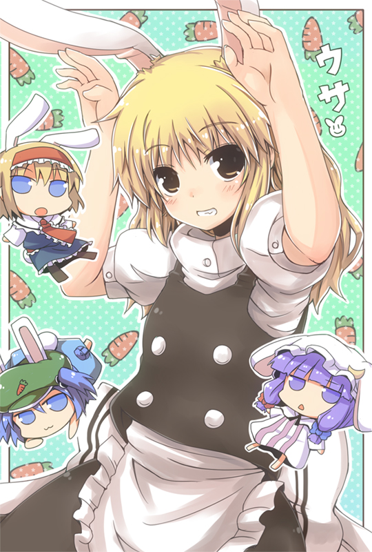kirisame marisa, alice margatroid, patchouli knowledge, and kawashiro nitori (touhou) drawn by lockheart