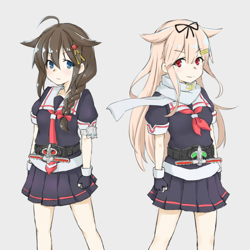 shigure, yuudachi, shigure kai ni, yuudachi kai ni, kamen rider amazon alpha, and 1 more (kantai collection and 2 more) drawn by kame_rider