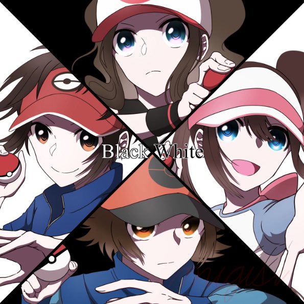 rosa, hilda, hilbert, and nate (pokemon and 2 more) drawn by higunjun