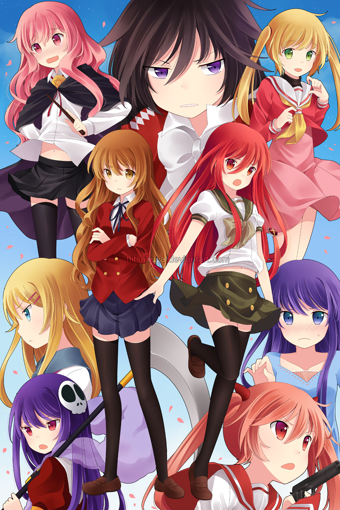 aisaka taiga, kousaka kirino, shana, louise francoise le blanc de la valliere, alastor, and 5 more (original and 8 more) drawn by hitsukuya