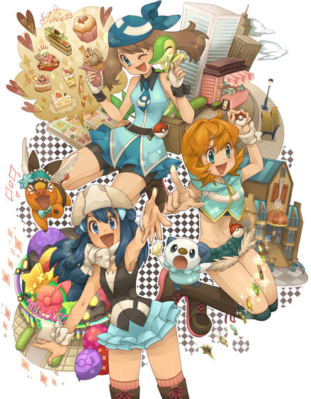 dawn, may, misty, oshawott, snivy, and 1 more (pokemon and 3 more) drawn by sasairebun