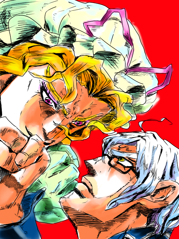 yakumo yukari, morichika rinnosuke, kujo jotaro, and dio brando (touhou and 2 more) drawn by yuichiitan