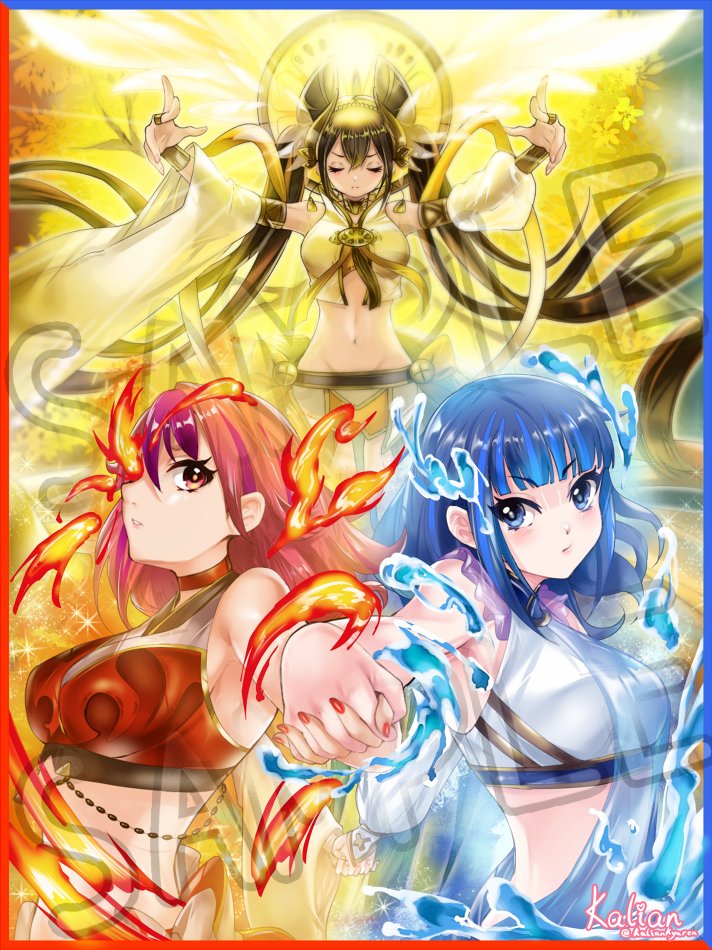 ni-ni the mirror mikanko, ha-re the sword mikanko, and ohime the manifested mikanko (yu-gi-oh!) drawn by kalian