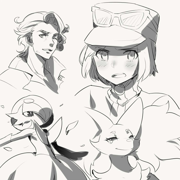 gardevoir, mega gardevoir, calem, delphox, and professor sycamore (pokemon and 1 more) drawn by naso4
