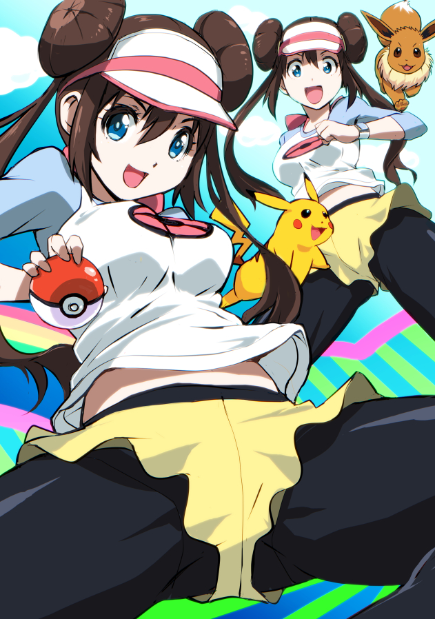 pikachu, rosa, and eevee (pokemon and 1 more) drawn by kamisimo_90