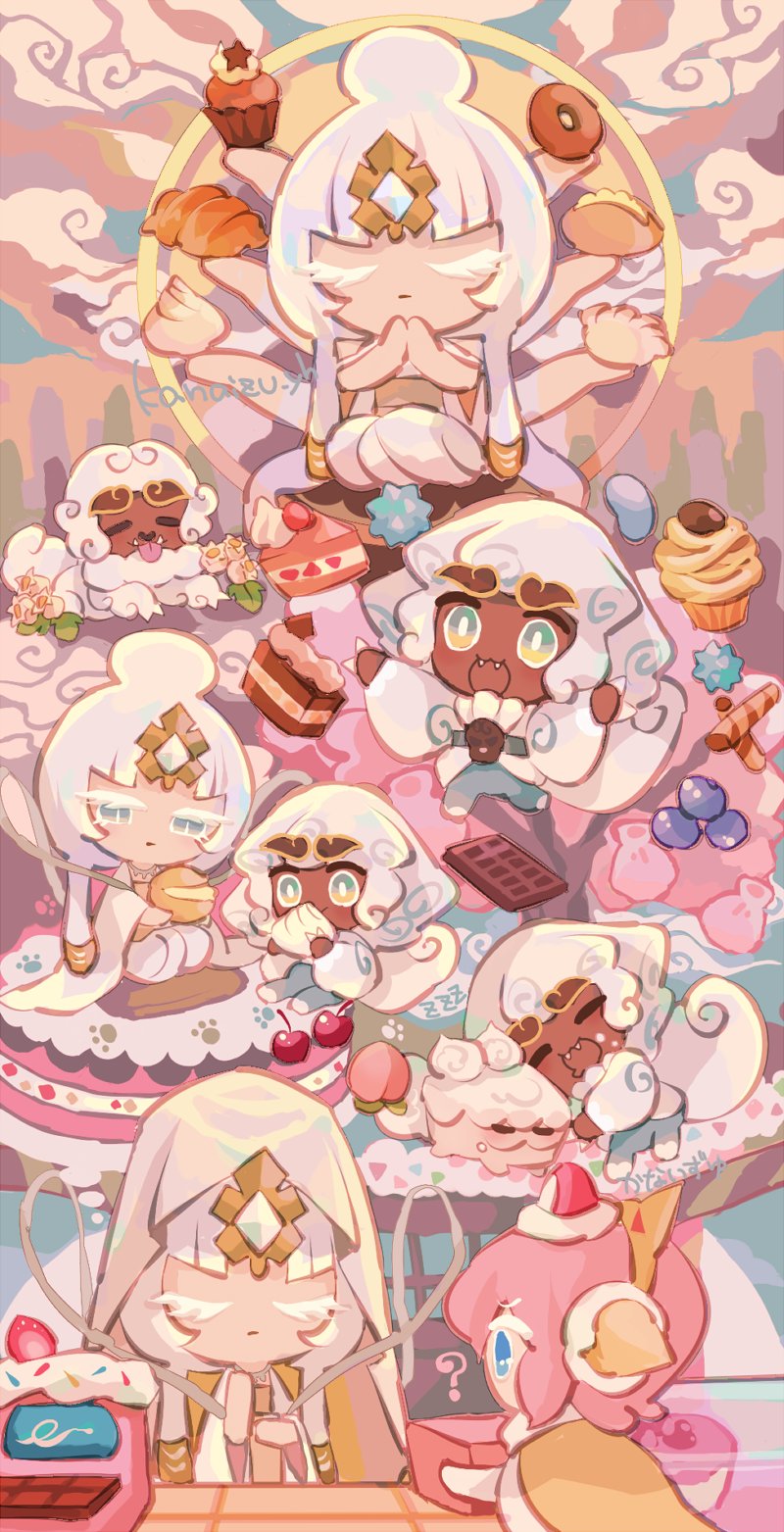 strawberry crepe cookie, mystic flour cookie, cake hound, cloud haetae cookie, and dumpling cake hound (cookie run and 1 more) drawn by kanaizu_yh