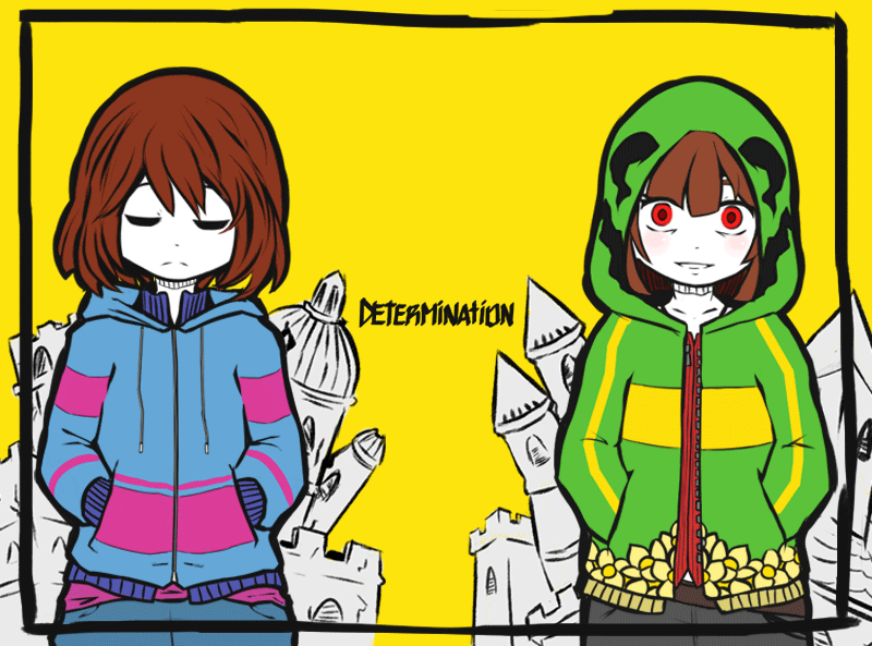 frisk and chara (vocaloid and 2 more) drawn by caribun