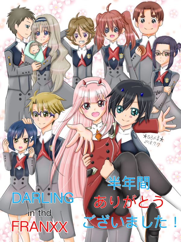 zero two, hiro, ichigo, kokoro, gorou, and 6 more (darling in the franxx) drawn by rirakkumahiroko