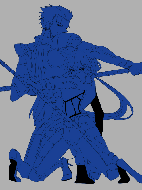artoria pendragon, saber, and cu chulainn (fate and 1 more) drawn by kokutouxxx