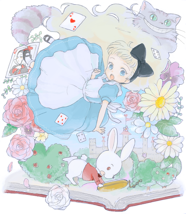 alice, white rabbit, cheshire cat, and queen of hearts (alice's adventures in wonderland) drawn by yuu_(drawr)