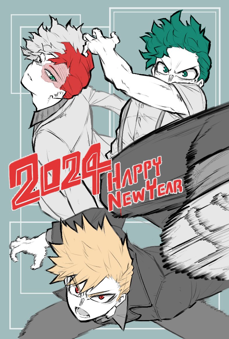 midoriya izuku, bakugou katsuki, and todoroki shoto (boku no hero academia) drawn by gold_floss