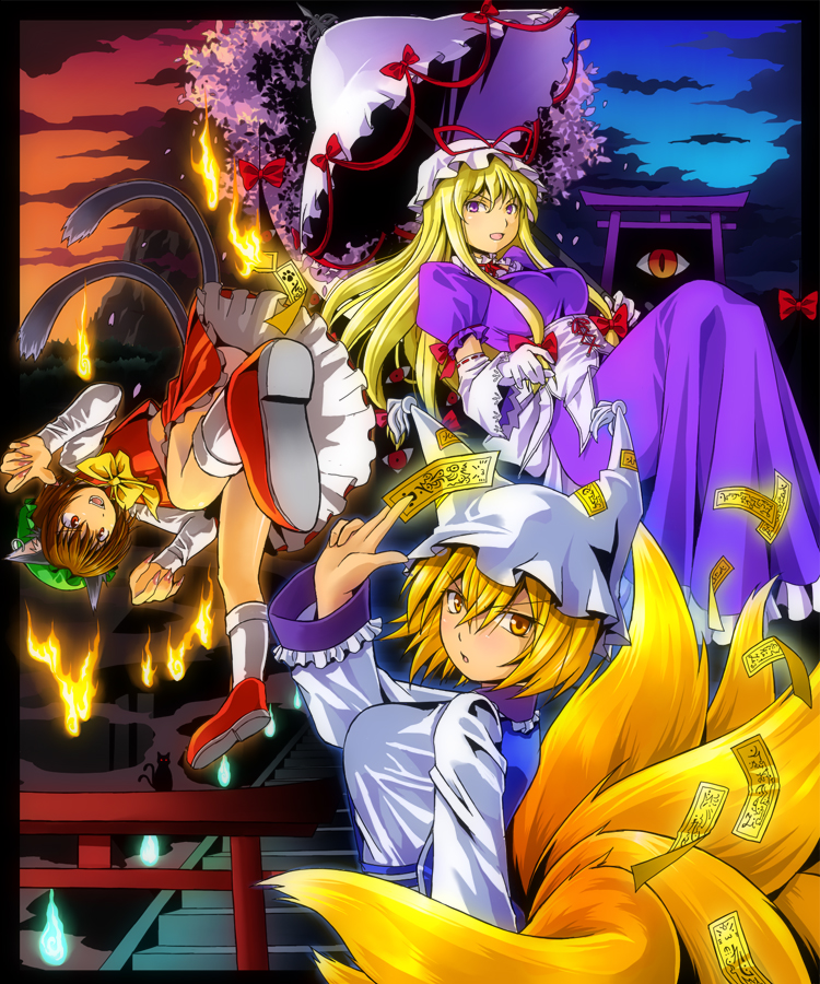 yakumo yukari, yakumo ran, and chen (touhou) drawn by ragi_(schrdngr)