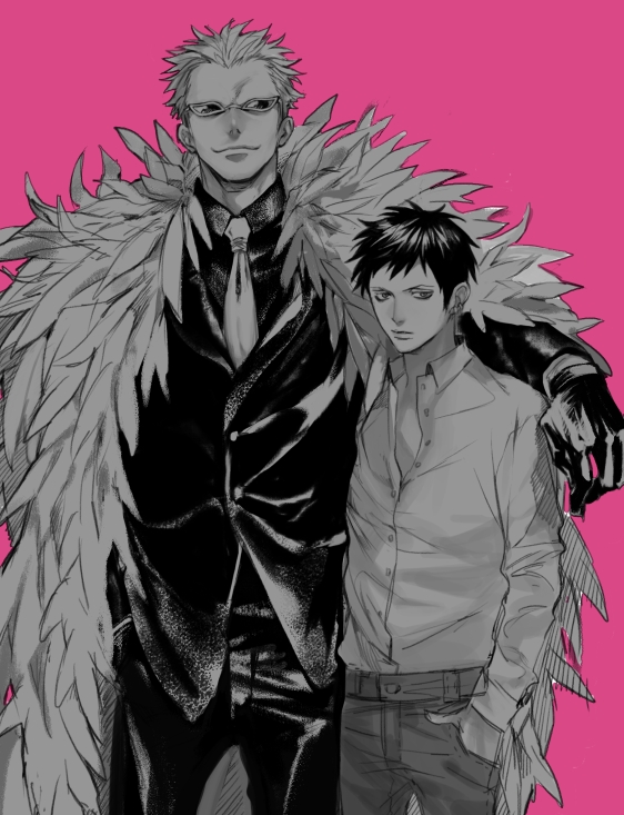 trafalgar law and donquixote doflamingo (one piece) drawn by ji_myo