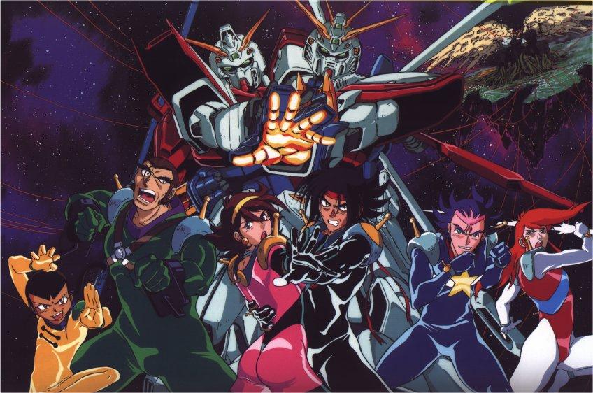 rain mikamura, domon kasshu, god gundam, devil gundam, sai saici, and 4 more (gundam and 1 more)