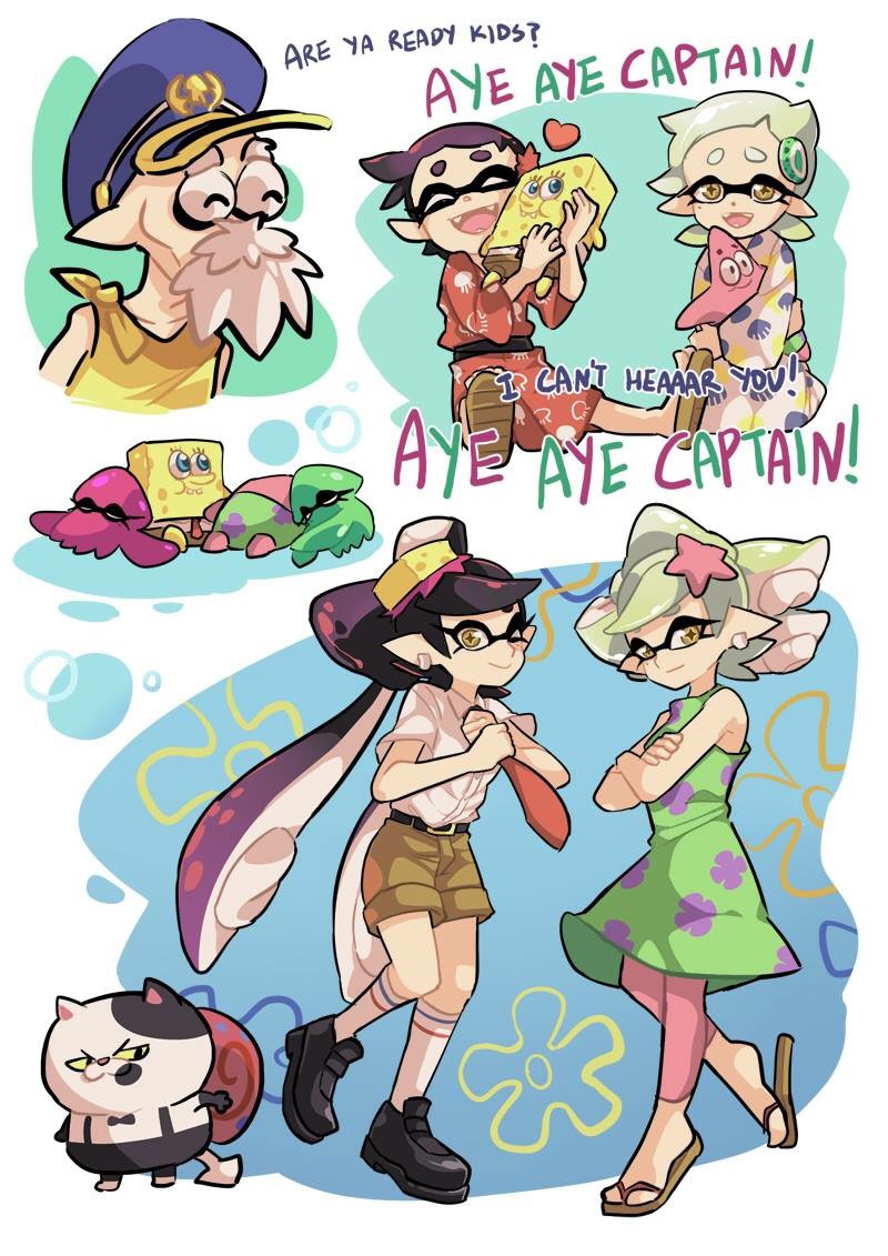 callie, marie, spongebob squarepants, judd, cap'n cuttlefish, and 2 more (splatoon and 3 more) drawn by gomipomi