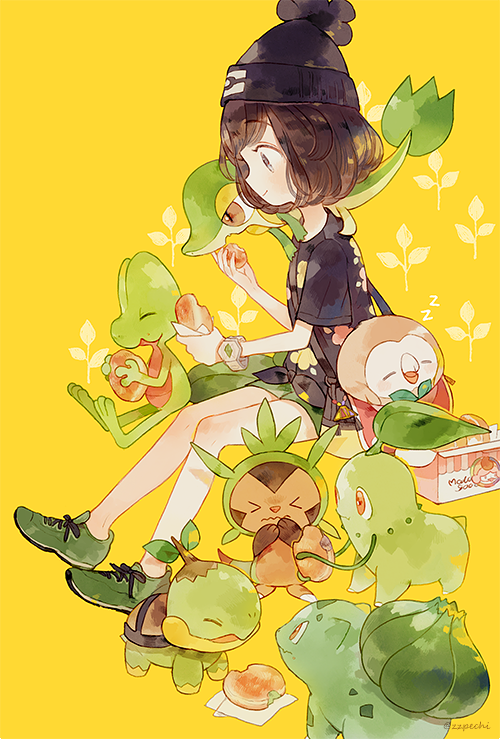 selene, rowlet, bulbasaur, snivy, chikorita, and 3 more (pokemon and 1 more) drawn by pechika