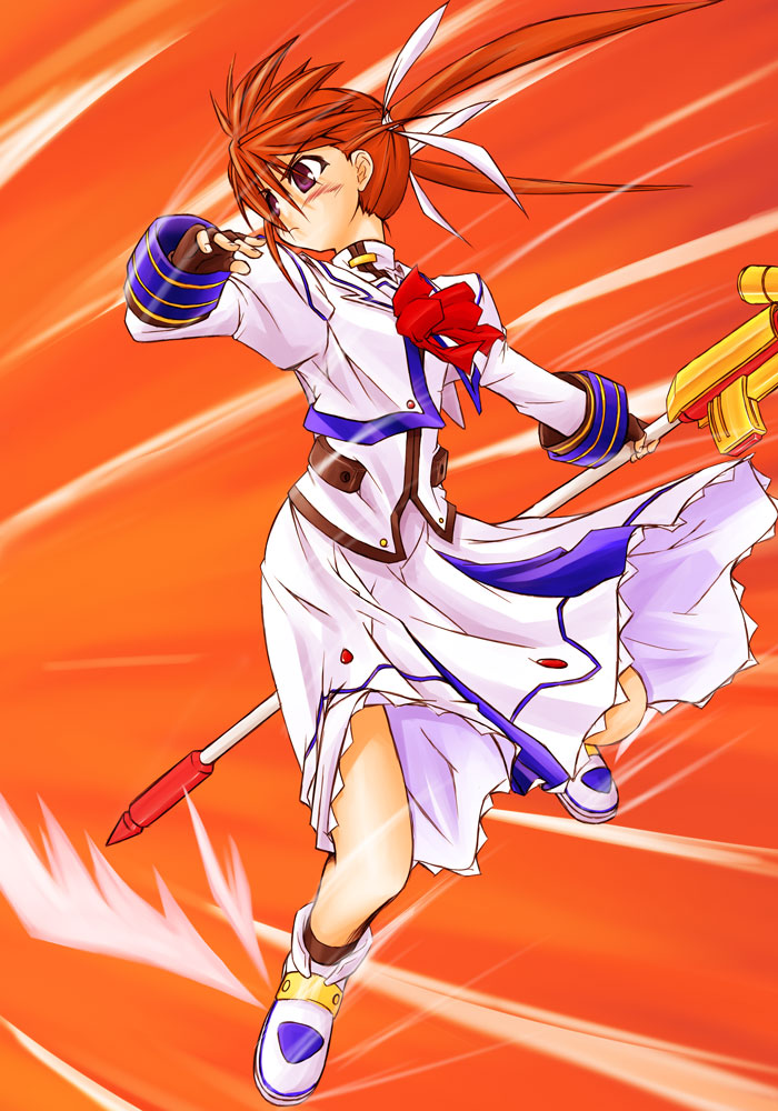 takamachi nanoha and raising heart (lyrical nanoha and 2 more) drawn by yu_lulu_(uka) and yuuka_(o.t.kingdom)