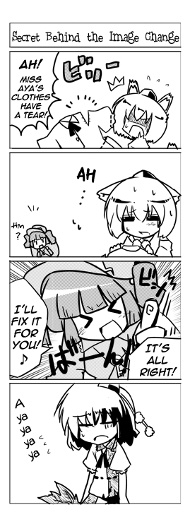 shameimaru aya, inubashiri momiji, and kawashiro nitori (touhou) drawn by kiku_hitomoji