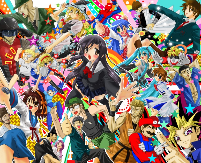 hatsune miku, kirisame marisa, alice margatroid, suzumiya haruhi, takamachi nanoha, and 19 more (touhou and 25 more) drawn by nagare
