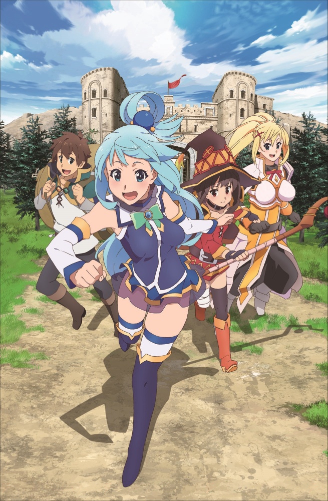 megumin, aqua, darkness, and satou kazuma (kono subarashii sekai ni shukufuku wo!)