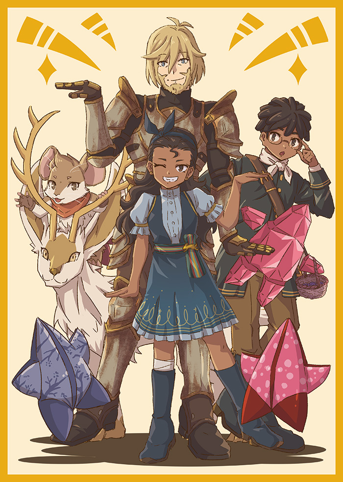 paper pleaser, somewhat, juniper, jaune arc, and genial gem (rwby) drawn by moai_(moai_world)