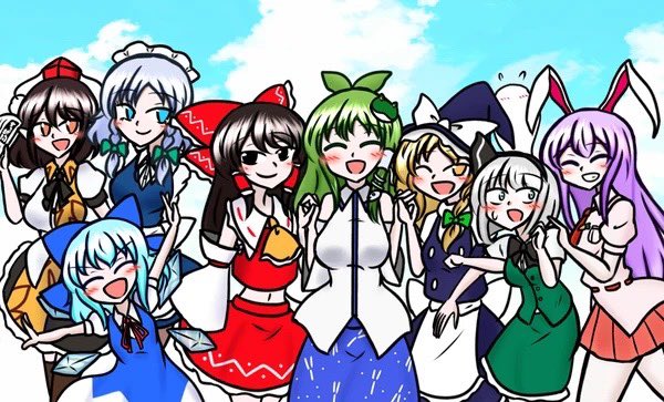 hakurei reimu, kirisame marisa, izayoi sakuya, kochiya sanae, konpaku youmu, and 3 more (touhou) drawn by reivunn