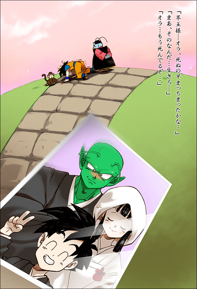 son goku, son gohan, chi-chi, piccolo, and north kaiou (dragon ball and 1 more) drawn by yukimitsuki