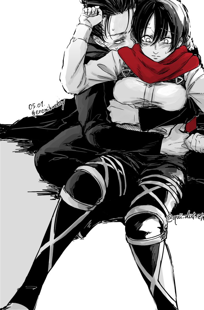 mikasa ackerman and eren yeager (shingeki no kyojin) drawn by qui_dui_zi
