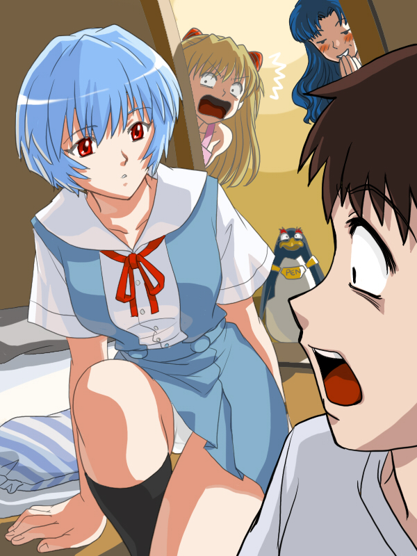 souryuu asuka langley, ayanami rei, ikari shinji, katsuragi misato, and penpen (neon genesis evangelion and 1 more) drawn by apple2e