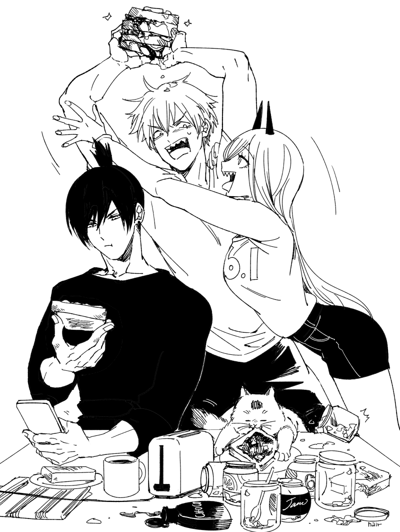 power, denji, hayakawa aki, and meowy (chainsaw man) drawn by nair_(mindcreator)