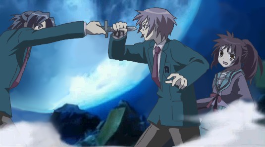 asakura ryoko, kyonko, nagato yuuki, and asakura ryo (suzumiya haruhi no yuuutsu)