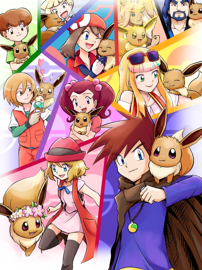 may, eevee, serena, jessie, gladion, and 8 more (pokemon and 6 more) drawn by ayo_(ayosanri009)