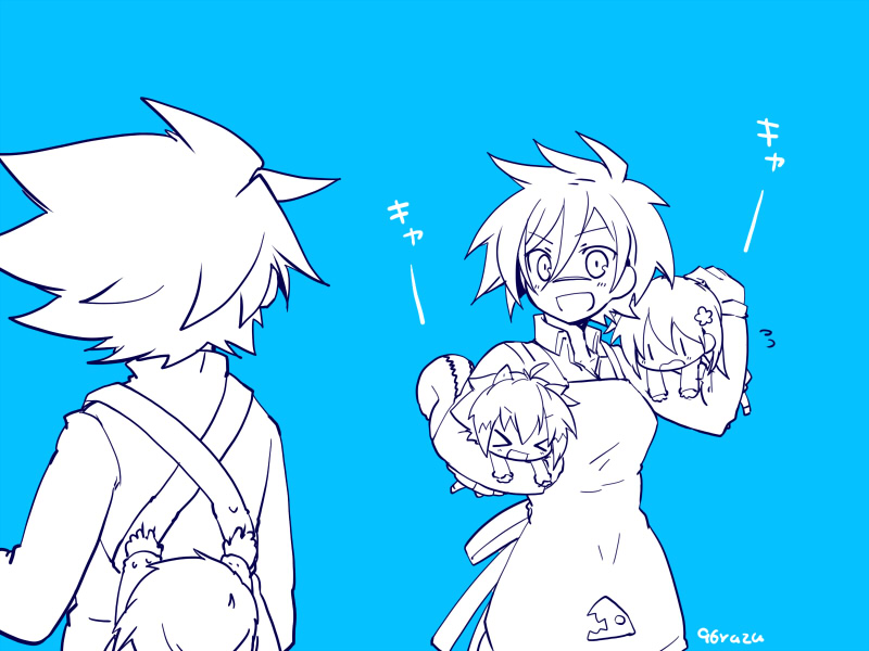 makoto nanaya, noel vermillion, ragna the bloodedge, jin kisaragi, bullet, and 1 more (blazblue and 1 more) drawn by kuro_yuzu