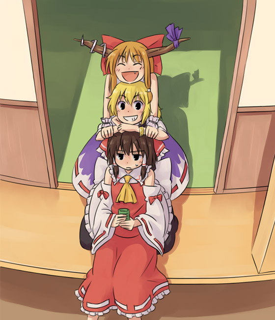 hakurei reimu, kirisame marisa, and ibuki suika (touhou) drawn by kannari