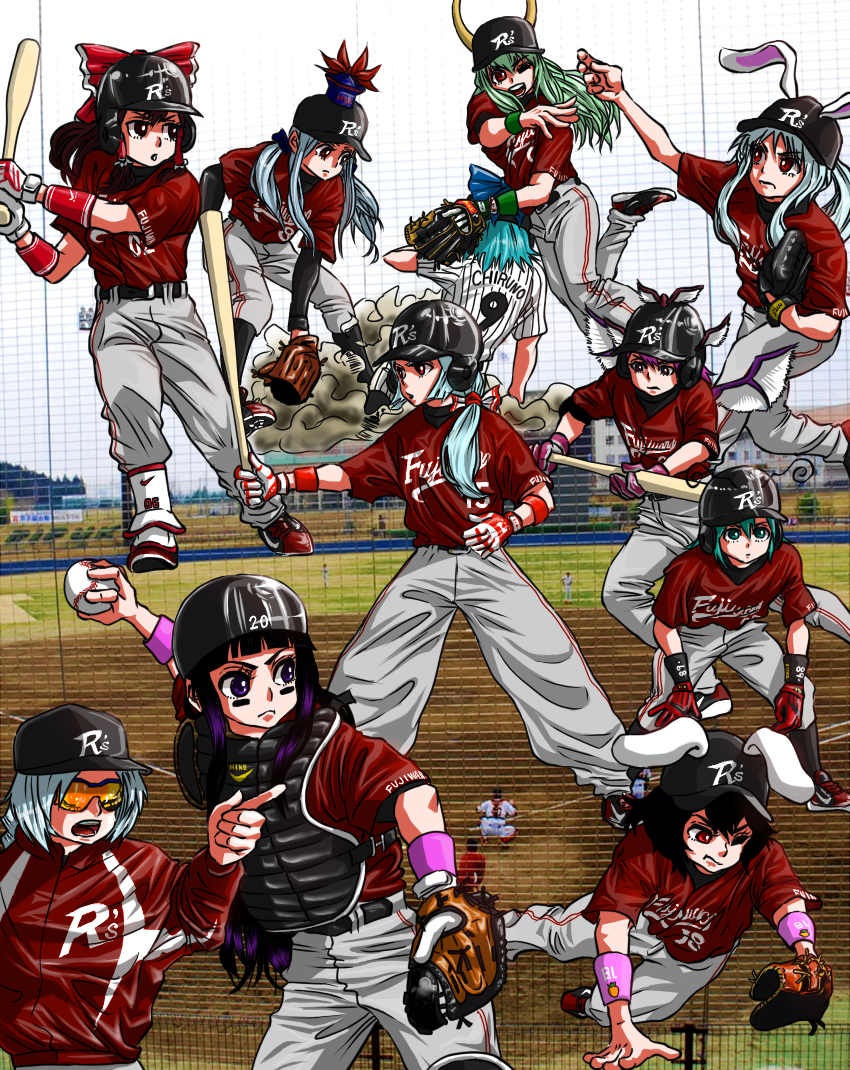 hakurei reimu, cirno, reisen udongein inaba, fujiwara no mokou, kamishirasawa keine, and 6 more (touhou and 1 more) drawn by raw_(kenja)