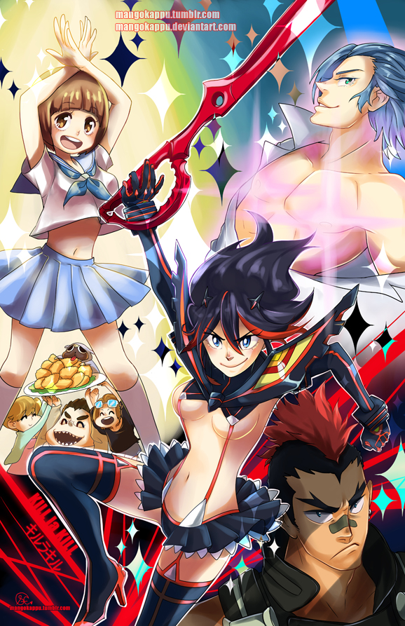 matoi ryuuko, senketsu, mankanshoku mako, mikisugi aikurou, kinagase tsumugu, and 4 more (kill la kill) drawn by mangokappu